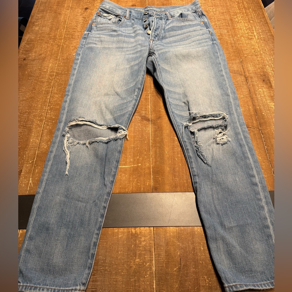 American Eagle Distressed Button Fly Hi-Rise Girlfriend Jeans
